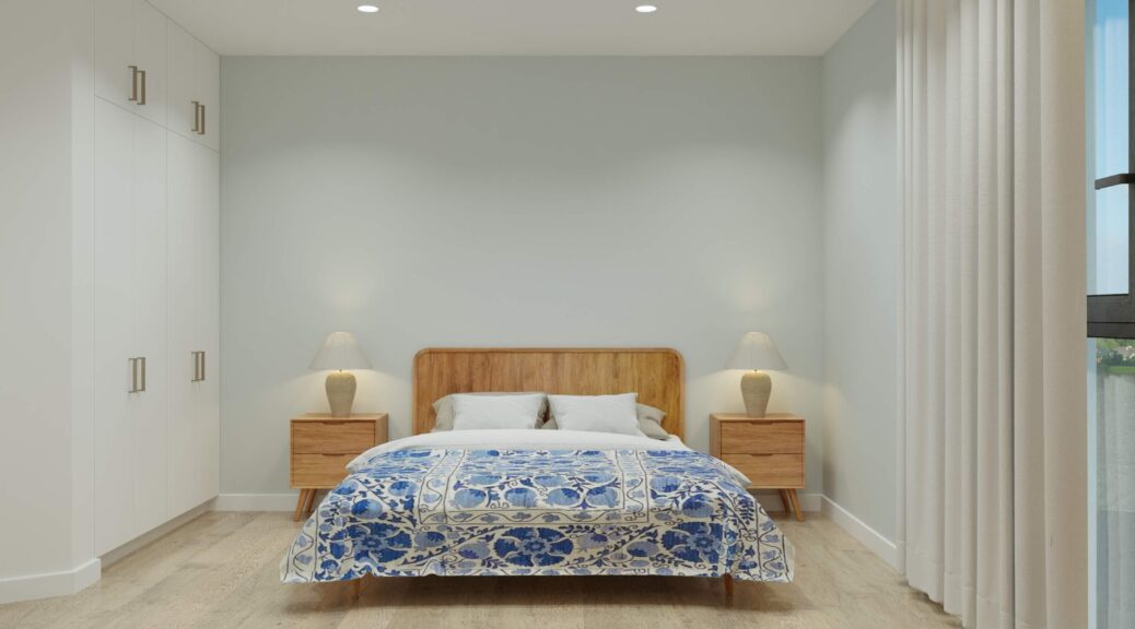 Дизайн спальни с элементами национального стиля в голубых тонах