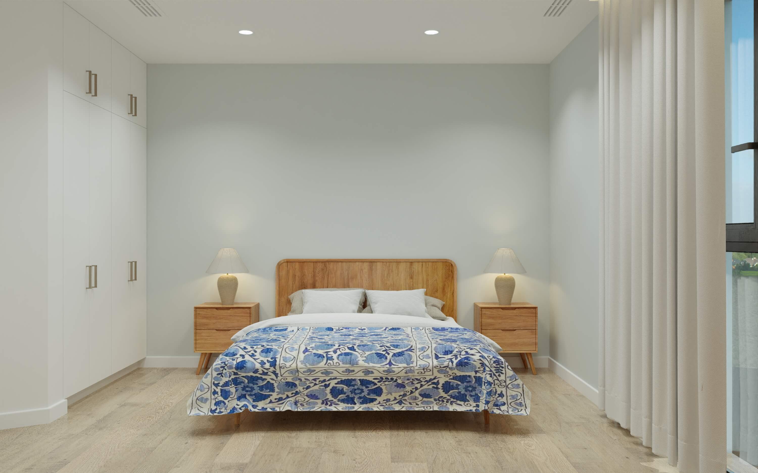 Дизайн спальни с элементами национального стиля в голубых тонах