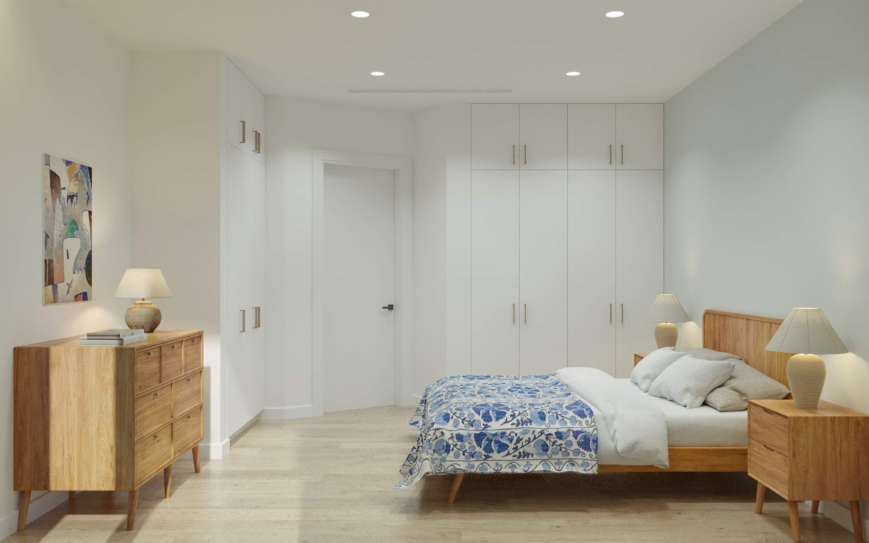 Основная спальня с бело-голубым сюзане