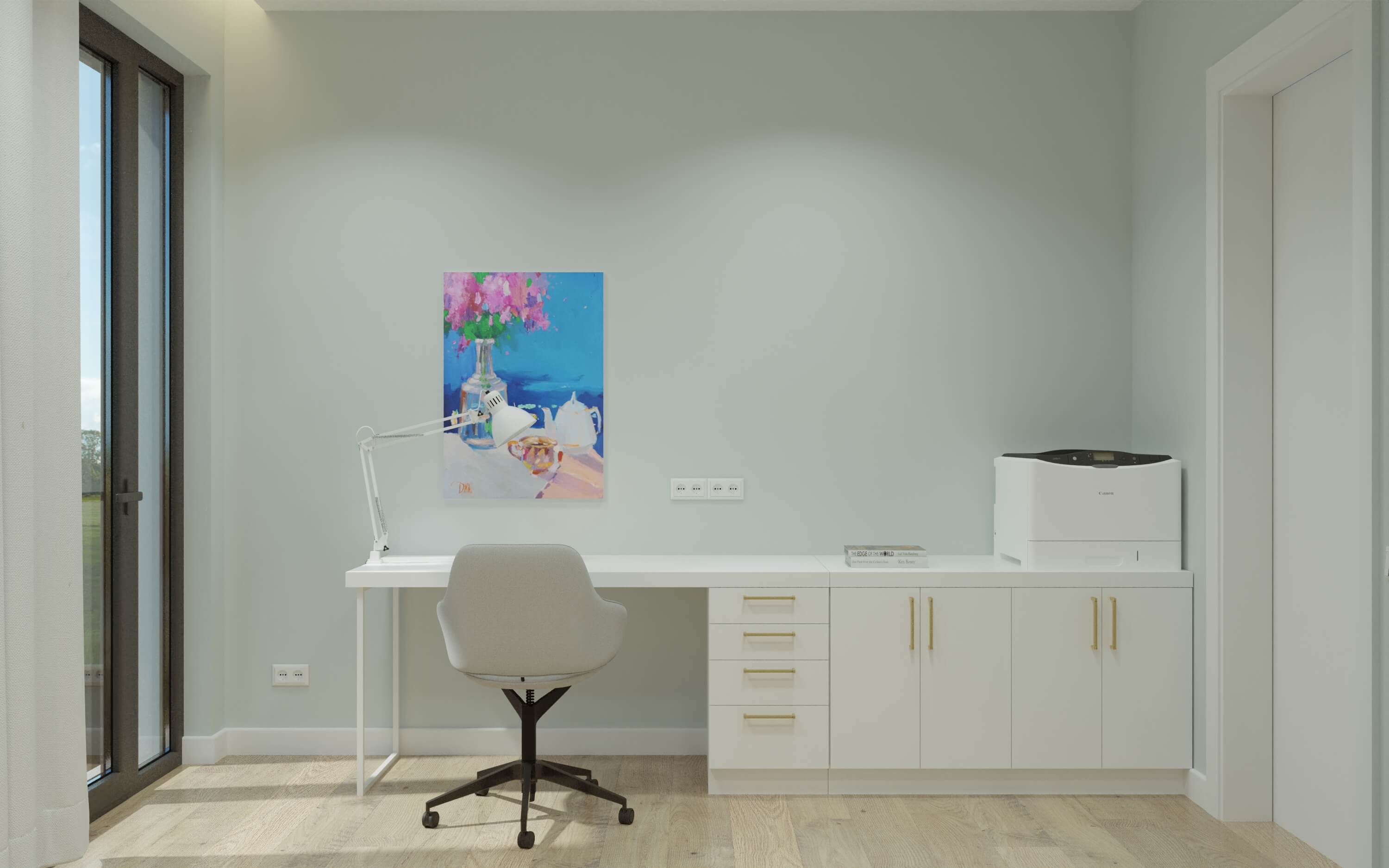Домашний офис с картиной в голубых тонах