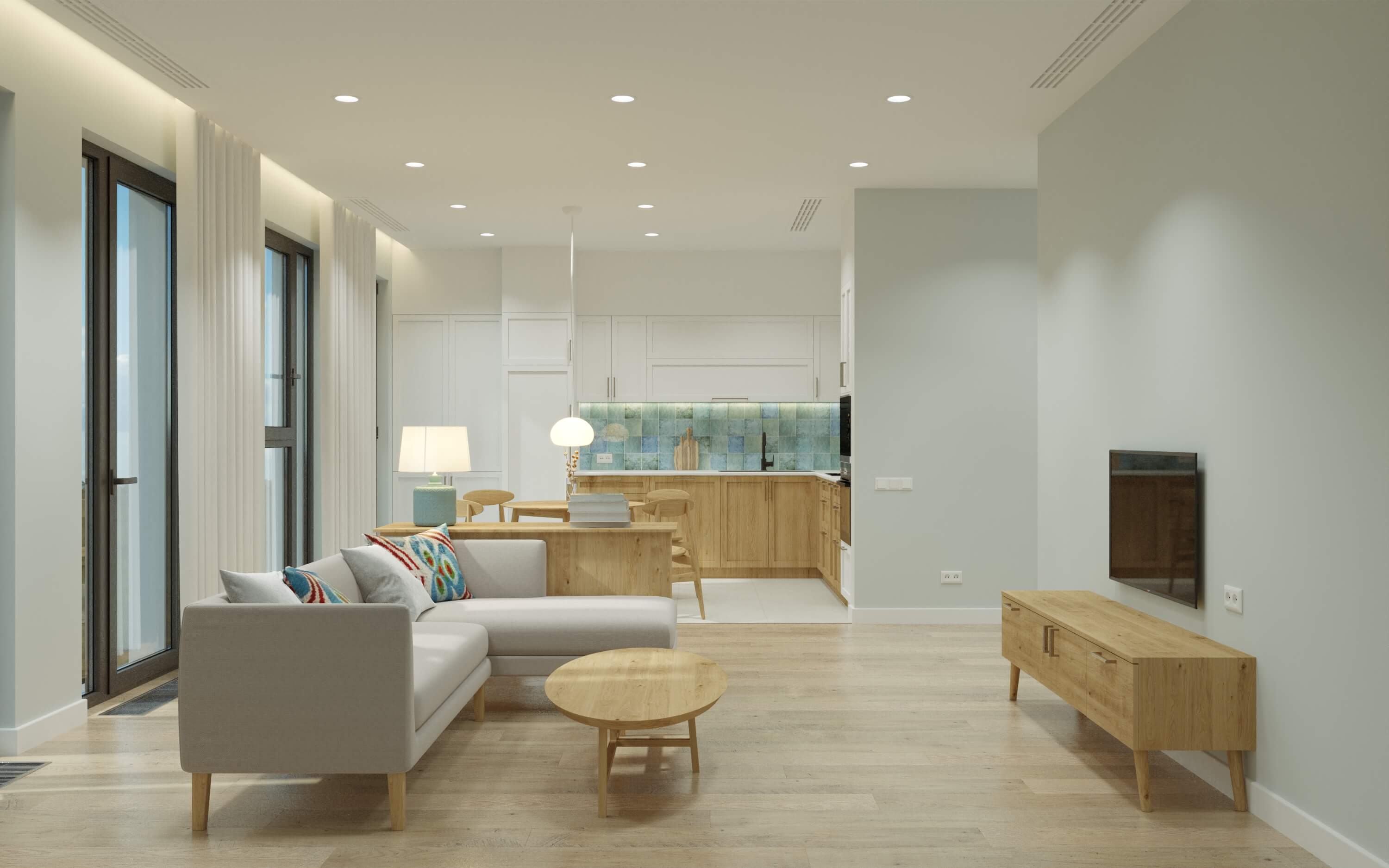 Дизайн гостиной совмещенной со столовой и кухней